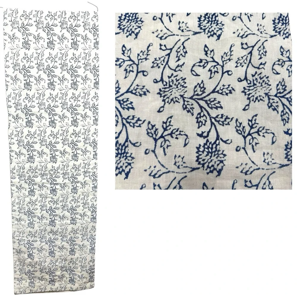 Williams-Sonoma Linen Floral Jacquard Table Runner White Blue Embroidered 16x108